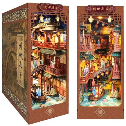AOXCHEN DIY Book Nook Kit, Serre-Livres en Bois 3D, Décor D'insertion de Bibliothèque avec Lumières À Induction LED, Culture Chinoise Ornements