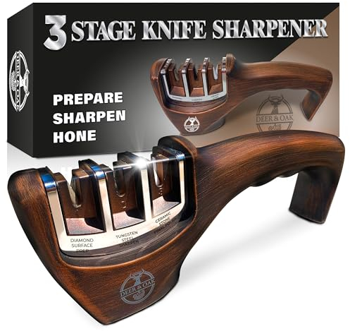 Deer & Oak Knife Sharpener - 3 Stage Manual Sharpener for Sharpening Kitchen Knives - Ceramic Stone, Tungsten Carbide Plates & Diamond Rods - Knife Sharpener UK - Wood Effect Finish