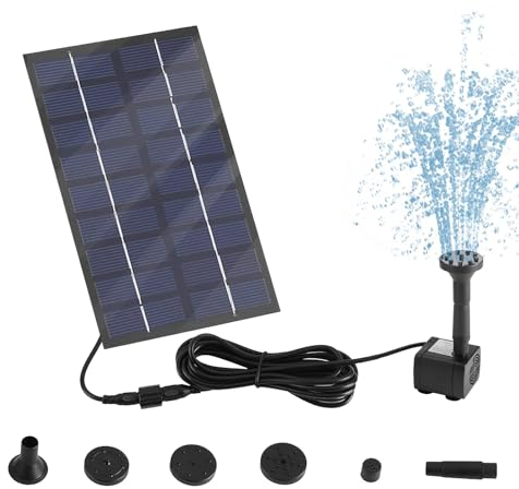 Pompe de Fontaine Solaire 9V/1,8W 200L/h, Pompe à Eau Solaire, Circulation de l'Eau de l'Oxygène, avec 5 Buses et 4 Styles de Fontaines, pour Bain D'oiseaux, Etangs, Jardin