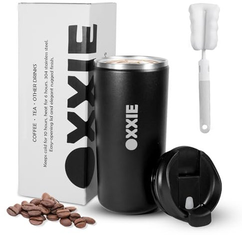 OXXIE Vaso Termo Cafe Para Llevar Pequeño 350ml, Vaso Termico, Aislamiento de Doble Pared, Taza de Cafe de Acero Inoxidable, Vaso Termico con Tapa Hermetica, Reutilizable y Antigoteo (Negro)
