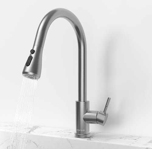 Coree Wasserhahn Küche, Herunterziehen Brause Armatur Hochdruck Küchenarmatur, Zwei Sprühfunktionen 360° Schwenkbar Küchenarmaturen, Ausziehbar Mischbatterie Spültischarmatur, 304 Edelstahl
