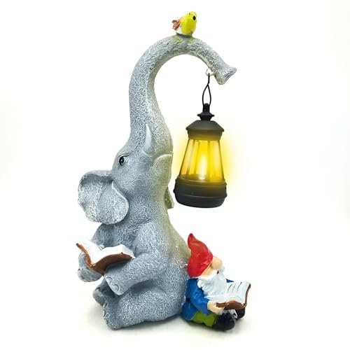 Elefanten Deko mit Solar Laterne Gartenzwerg,Elefant Tier Statue für Garten,Elefant mit Zwerge Figur Solar Lichterkette,für draußen Rasen Terrasse Hof-Zwerg Geschenke für Mama/Oma/Geburtstag (Stil 2)