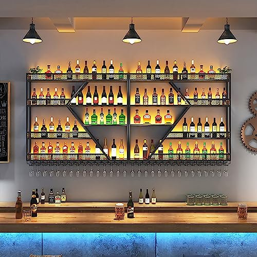 Wall Mounted Wine Bottle Rack with Hanging Wine Glasses Organizer, Modern Metal Iron Display Stand, LED Lights, Display Case for Home Restaurant Bars