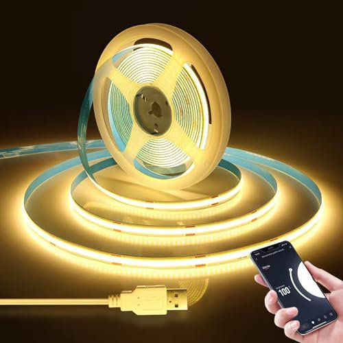 LRGBST 5V USB WiFi COB LED Streifen,2700K 2M Warmweiß COB LED Streifen with Tuya APP, Smart life APP Für Innen Wohnzimmer Vitrine Dekorieren Beleuchtung