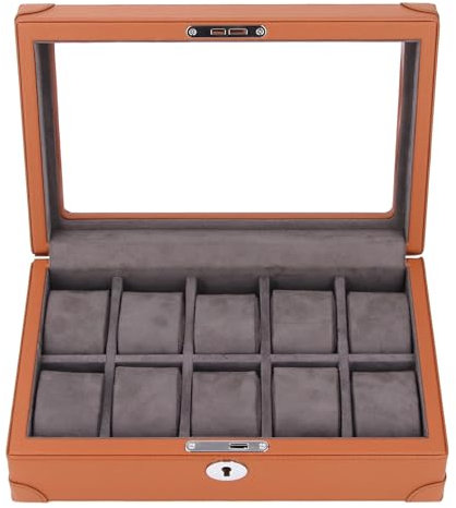 Asixxsix Uhrenbox, 10-Slot-Uhrengehäuse mit Glasdeckel, Abnehmbare Uhrenkissen, PU-Leder-Uhrenbox-Organizer für Herren, Uhrengehäuse für Große Uhren, Armbanduhr-Vitrine (BROWN)