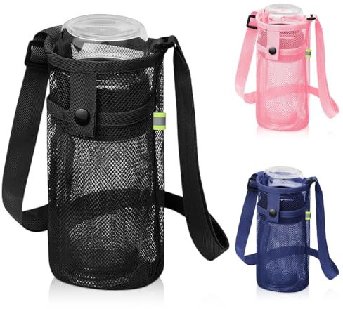 Aoreun 3 Stück Wasserflaschenhalter, Mesh Wasserflaschenhüllen mit Verstellbarem Schultergurt Tragbare Trinkflasche Beutel Kessel Flaschentasche für Sport, Wandern, Reisen, Camping (Schwarz,Rosa,Blau)