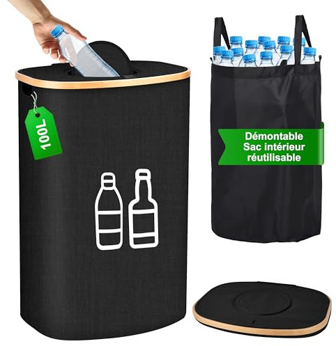 IEEILULU Cesto Basura Reciclaje Botellas, 100L Cubo de Basura Cocina, Reciclaje de Botellas Cubo con Bolsas de Transporte, Almacenamiento Botellas Vacías y Vidrio (Negro, 100L)