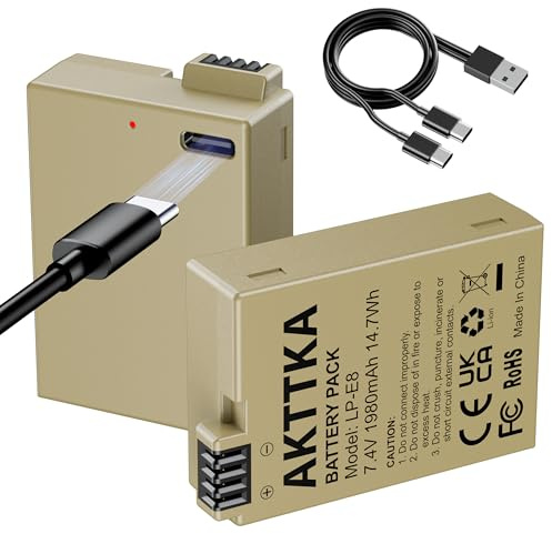 AKTTKA LP-E8 Akku 2er-Pack (1980mAh) mit 2-in-1 USB-C Ladekabel – Kompatibel mit Canon EOS Rebel T2i/T3i/T4i/T5i, Kiss X4/X5/X6i/X7i, EOS 550D/600D/650D/700D