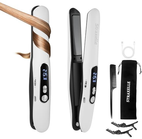 Straxelle Mini Glätteisen Kabellos 2 in 1 Glätteisen Locken und Glätten mit 5000mAh Reiseglätteisen 3 Einstellbare Temperaturen 175°C-215°C mit LED Anzeige für Frauen Männer (Weiß)