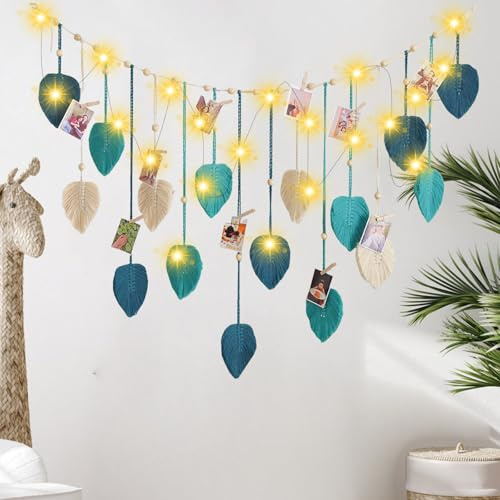 Calenxy Makramee Wandbehang Boho Deko,120x75cm Wandteppich Groß Boho Deko mit 3M LED Lichterkette, Wandteppich Gewebte BohoWanddeko mit Holzperlen und Blätter für Wohnzimmer,Schlafzimmer,Indoor