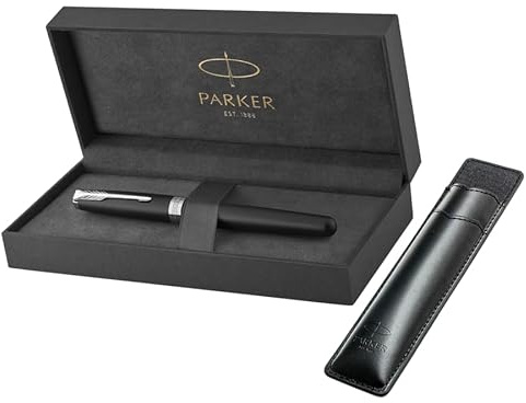 Parker Sonnet Rollerball Pen | Matte Black Lacquer with Palladium Trim | Fine Point Black Ink | Gift Box & Black sleeve pen case with embossed logo