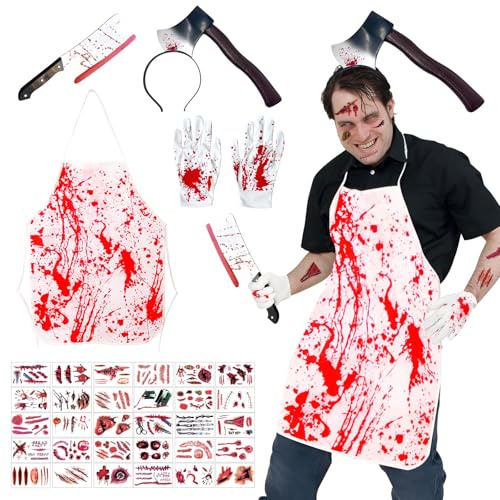 Halloween Butcher Costume, Men's Butcher Costume with Plastic Knife, Cleaver Headband, Bloody Apron, Gloves and Tattoo, for Pranks, Halloween, Carnival