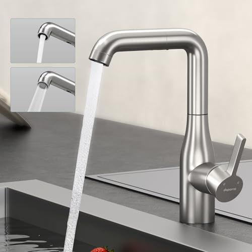 Mai & Mai Wasserhahn Küche ausziehbar, Küchenarmatur Gebürstet silber | Mischbatterie Küche 360°Schwenkbar, Spültischarmatur aus Edelstahl, 2 Wasserstrahl-Modi, Turnix-04