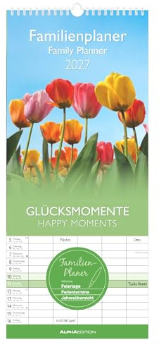 Familienplaner Glücksmomente 2027: Familienplaner 19,5x45 cm mit 5 Spalten, 4-sprachigem Kalendarium, Feiertagen & Schulferien, ideal für Familienorganisation