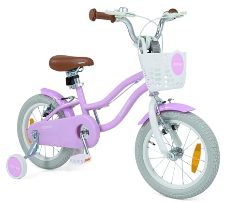 COSTWAY Bicicletta per Bambini, Bici con Doppio Sistema di Freno, Manubrio e Sella Regolabili, Cestino e Telaio in Metallo con Stabilizzatori, per Terreni Diversi