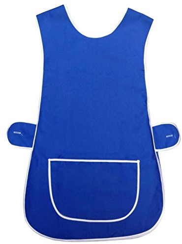 MyShoeStore Ladies Womens Tabard Home Work Kitchen Cleaning Chef Catering Cleaners Workwear Poly Cotton Overall White Piping Edge Tabbard Apron Large Pocket Side Button Fastening (Royal Blue,WX)