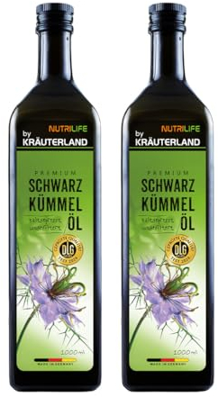 NUTRILIFE by Kräuterland Schwarzkümmelöl 2X1L (2Liter), ungefiltert, 100% Nigella Sativa, naturrein ohne Zusatzstoffe, Omega 3-6-9, kaltgepresst, vegan, mühlenfrisch aus unsrer hessischen Ölmühle