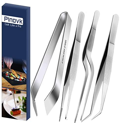 pinovk Fish Bone Pinzas, pinzas pinzas, pinzas de precisión de acero inoxidable pinzas con punta de cocción, offset, longitudes 5.5 /4.7 plata