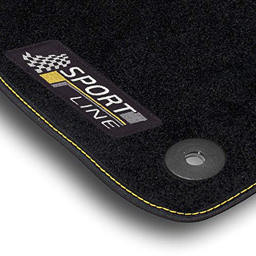 Bär-AfC Auto Fußmatten Sport Line passend für Jeep Compass ab 2017, Autoteppiche Nadelvlies Schwarz, Bandeinfassung mit Gelber Ziernaht, Stick Gelb & Grau, Set 4-teilig, JE61895