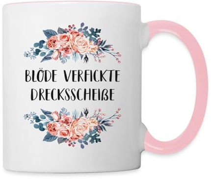 Spreadshirt Blöde Verfickte Drecksscheiße Blumen Tasse zweifarbig, One size, Weiß/Pink