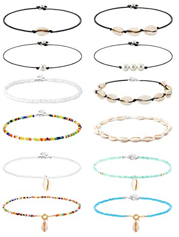 Finrezio 12St Shell Choker Halskette für Frauen Mädchen Natürliche Schale Perle Regenbogen Anhänger Halsketten Set Boho Handgemachter Hawaii Schmuck verstellbar
