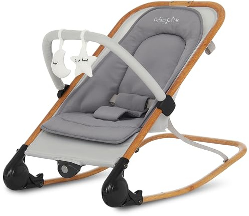 Dream On Me Rock On Me 2-in-1 Baby Rocker and Stationary Seat, Adjustable Recline, Gentle Music & Vibration, 3-Point Safety Harness, Detachable Toy Bar, Folds Compact for Travel – Grey