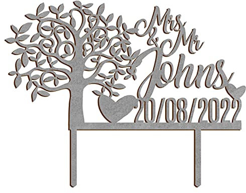 Hochzeit Personalisierte Topper Baum der Liebe Name 25x20cm Hochzeitstorte Dekoration (Silber)