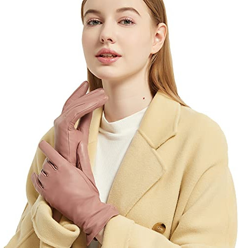 NOVBJECT Lederhandschuhe Winter Damen Touchscreen Lammfell Elegant Kaschmir Gefüttert Warm Outdoor Fahrhandschuhe, Rosa, L