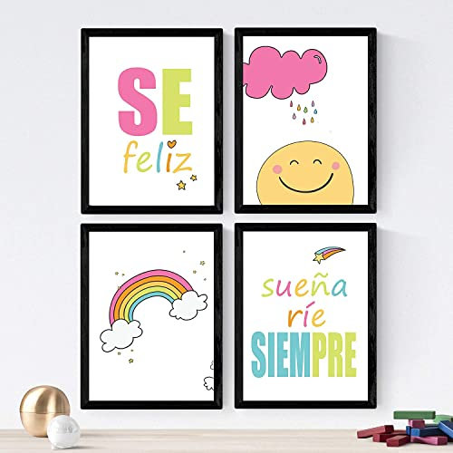 Nacnic Premium-Set mit 4 Postern für Kinder | Bilderbögen mit Illustrationen für Kinderzimmer / A4-Format (21x29,7cm) mit schwarzem Rahmen /