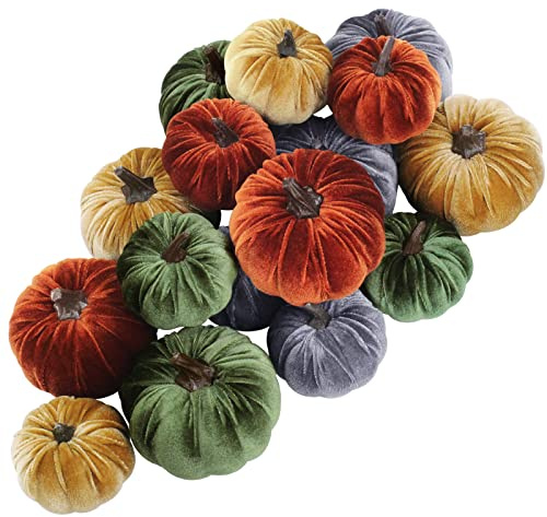 Winlyn 16 Pcs Assorted Small Faux Rustic Harvest Velvet Pumpkins Decorative Rust Orange Gold Olive Gray Fabric Pumpkins Foam Pumpkins Farmhouse Fall Thanksgiving Halloween Table Centerpiece Decor