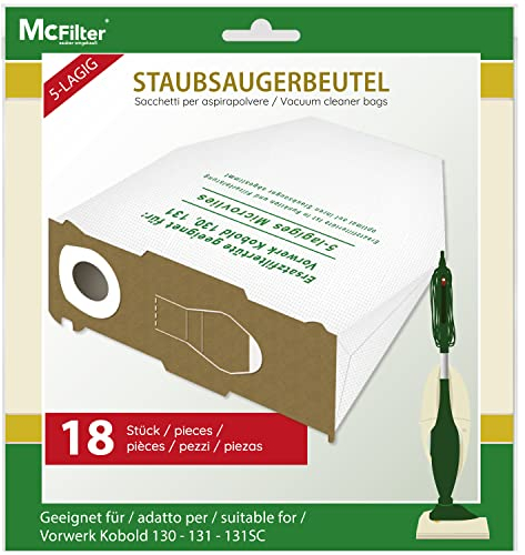 McFilter | 18 Staubsaugerbeutel geeignet für Vorwerk Kobold VK 130 VK 131 VK 131 SC | Mikrovlies 5-lagig | VK130 VK131 VK131SC | Ersatz für FP130/131 - Beutel Typ V 8331 | 18 Stück