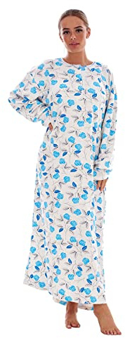 Malay Cotton Thermal Long Nightdress Floral Buttons Crew Neck Ribbed Warm Nightwear Blue