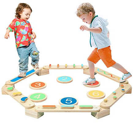 JOLIE VALLÉE TOYS & HOME Kinder Balancierbalken aus Holz, Trittsteine, Montessori-Spielzeug für 3+ Jahre alt, Kleinkind-Gymnastikbalken, 6-teiliger Hindernisparcours für Spielzimmer