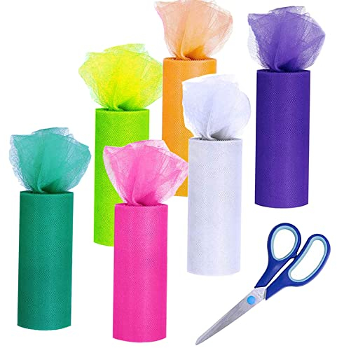 Allazone Rollen Tüll 6 Rollen Tüll Stoff mit Schere, 6 Farbe Berolle Tüllrolle Tüllband Tüll Dekostoff 15CM x 23M, Nähschere für Tutu Röcke, Geschenkverpackungen, Hochzeit, Dekoration