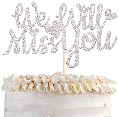 SYKYCTCY 1 Pack We Will Miss You Cake Topper Glitter Red Love Heart Good Luck Cake Pick Retirement Theme Going Away Party Cake Decorations Silver