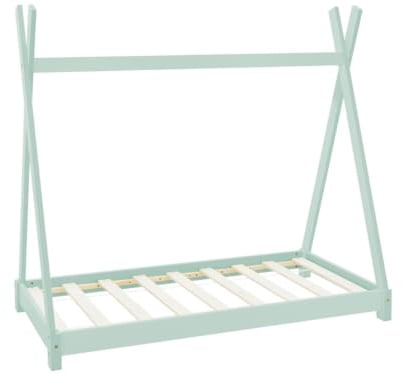 ML-Design Kinderbett Tipi 70x140 cm Mint mit Matratze & Lattenrost, Indianer Bett aus Kiefernholz, Hausbett für Mädchen und Jungen, Bodenbett Kinderhaus Jugendbett Holzbett Bettenhaus Spielbett Zelt