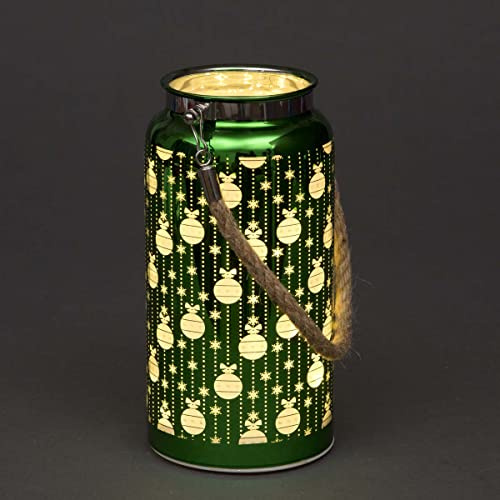 SHATCHI 20cm Christmas Decorated Jar Table Lamp Etched Glass Tube Baubles Design Green Lantern LED Fairy Lights Battery Operated