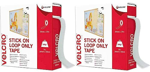 VELCRO, Brand, Stick On Loop Only Tape, Cut-to-Length Strong Loop Only Self Adhesive Sticky Tape Perfect for Room Décor & Home, Office, Garage Use, White | 20mm x 10m (Pack of 2)