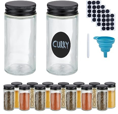 Relaxdays Set 16 Barattoli Portaspezie, con Coperchio, Vasetti in Vetro, con Etichette, Penna e Imbuto, Trasparente Nero, Acciaio Inox, Silicone