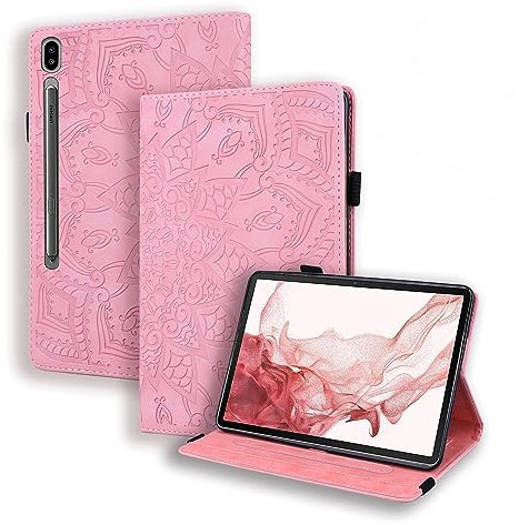 Case for Samsung Galaxy Tab S10 Ultra 2024/ S9 Ultra 14.6 Inch 2023/S8 Ultra 2022 14.6 Inch Shockproof with S-Pen Holder Flowers Mandala Embossed Multi-Angle Viewing Cover - Pink