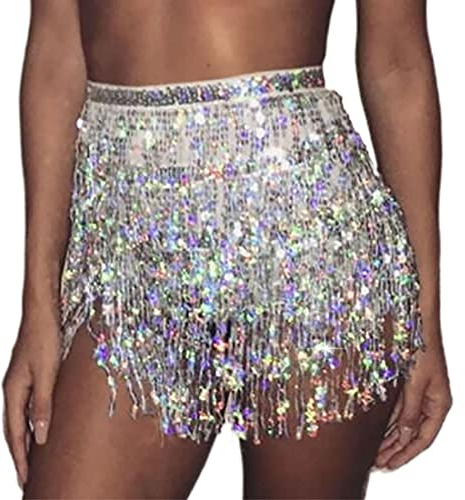 JUSTUSNX lentejuelas falda de borla falda de borla bufanda de cadera baile abdominal carnaval ropa de mujer chica (E)