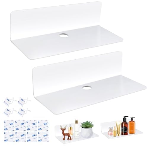 UKOFEW 2 Pièces Étagère Murale sans Percer, Étagère Flottante Acrylique, Etagere sans Percer en Acrylique, sans Perçage, avec Clips de Câble, pour Salon, Chambre à Coucher, Salle de Bain,Cuisine