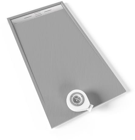 Moments of Glass SMC Duschwanne HIEMAL 90x170 cm Grau RAL7030, extra flache robuste Duschtasse aus langlebigem SMC mit ANTI-Rutsch-Oberfläche in Schieferoptik inkl. Ablaufgarnitur mit Edelstahl Deckel