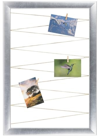 CLAMARO Neo Collage Bilderrahmen mit Fotoleine, 50x70 cm, Silber | 20 Holzklammern, Jutekordel, MDF-Rahmen 38 mm breit, Metall-Wandhalterung, ideal als Fotocollage oder Galeriewand