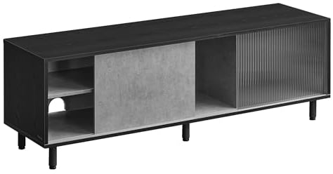 VASAGLE Montaje Ultrarrápido sin Herramientas Toolless, Mueble TV para Televisores de hasta 60 Pulgadas, para Salón, Vidrio Ranurado, Moderno, 140 x 39 x 45 cm, Negro Ébano y Gris Cemento LTV466B04