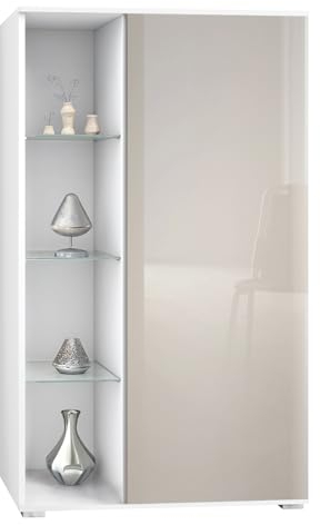 Vladon Vitrine Davos, Made in Germany, Standvitrine mit 3 Glasböden und 8 Fächer, Weiß matt/Sandgrau Hochglanz (71,5 x 134 x 35 cm)