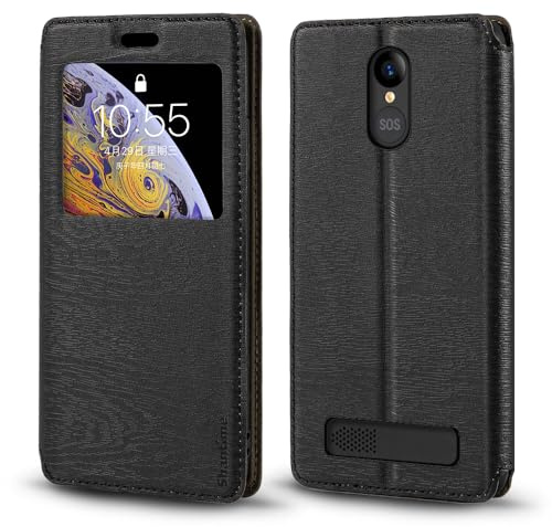 Lederhülle mit Fenster für SPC Zeus 4G - Schwarz | 5.5 Elegantes sichtbares Fensterdesign, unsichtbares magnetisches Cover mit Kartenschlitz und Ständer