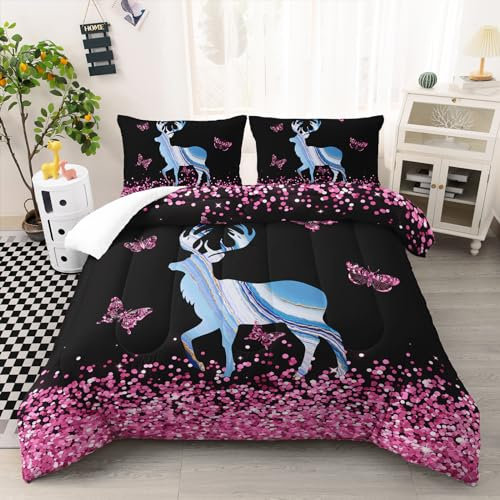 Ntlfup Elch-Bettwäsche-Set für Doppelbett, Marmorier-Elch-Bettwäsche-Set mit Glitzer und Schmetterling, Tierdecke mit 2 Kissenbezügen, Heimdekoration