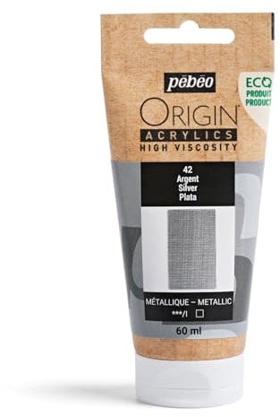 PEBEO - Origin Acrylics 60 ml - Vernice acrilica ecologica - Alta viscosità - Finitura metallizzata - Legante 100% riciclato - 96% materie prime europee - Argento