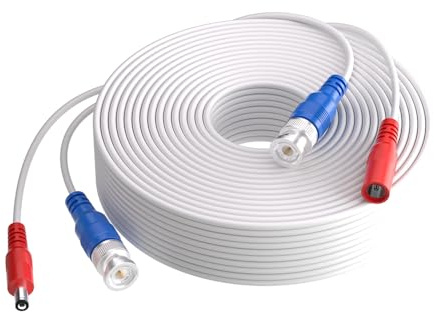 SANSCO 18.3 Meter 60 Feet Coaxial Lead, Power Cable for DVR Security System | with BNC/RCA adapter, for 960H/720p/960p/1080p/3MP/4MP/5MP CCTV Cameras and Digital Video Recorder, White